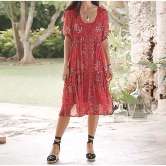 Sundance Dresses & Skirts - Sundance Briela Bandana Western Cowgirl Print Bohemian Midi Dress Red Sz Medium